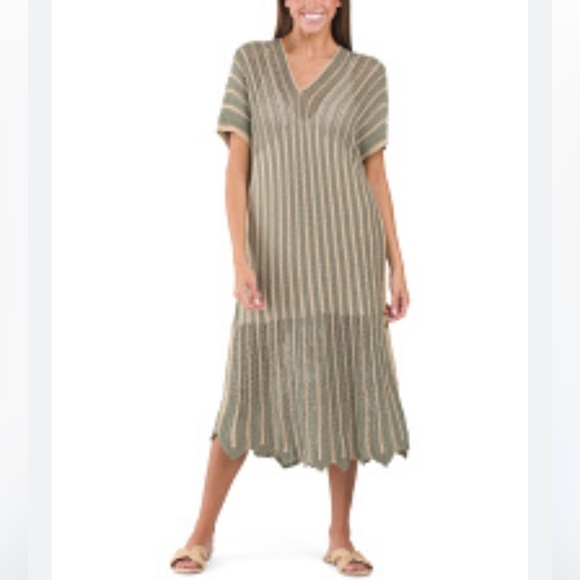 Floris Lurex Crochet Knit Maxi Dress NWT in Sage Gold Metallic Made in Italy - Picture 1 of 15